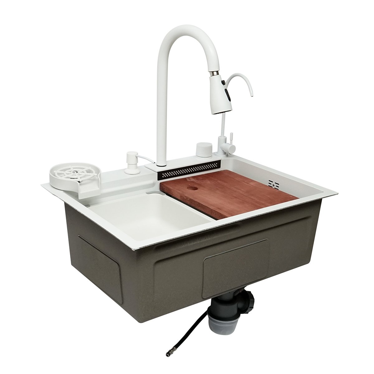 Chiuveta bucatarie otel inoxidabil cu doua baterii, functie cascada, spalator pahare, dozator sapun, scurgator, tava, tocator si accesorii scurgere incluse, dimensiune 60x45x22cm